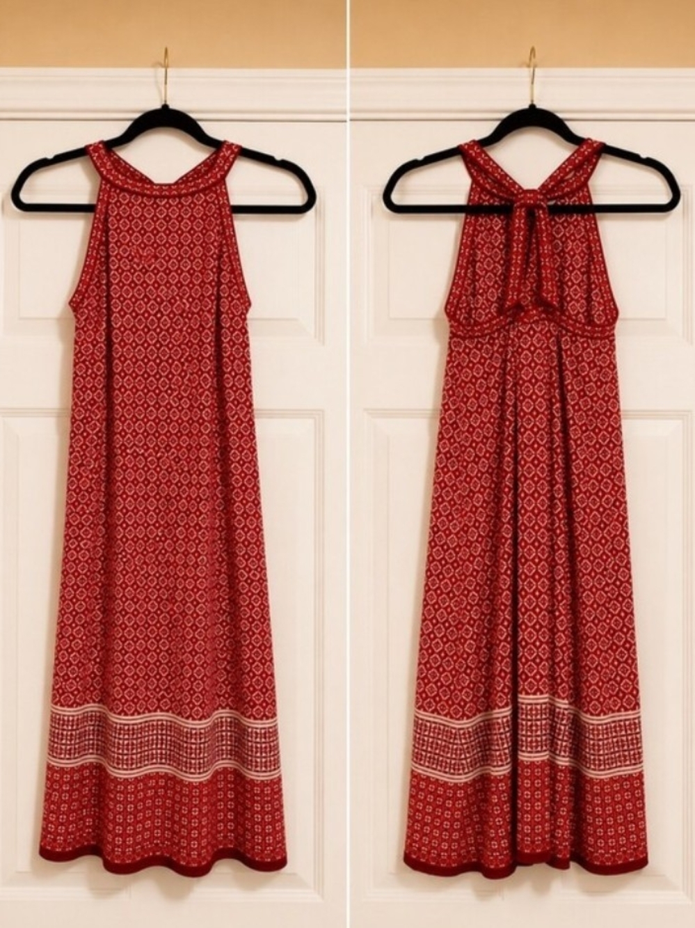 Max Studio Max Studio Red Geometric Print Halter Maxi Dress Sz XS Cottagecore